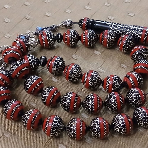 Worry beads black coral and silver with red coral, like new