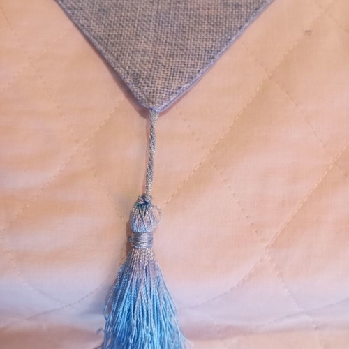 Table runner linen embossed fabric like new, sky blue with tassels