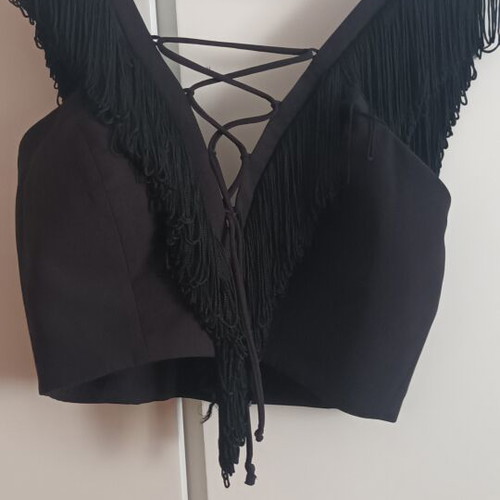 BSB black bustier top with fringe and crisscross front