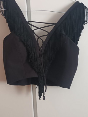 BSB black bustier top with fringe and crisscross front
