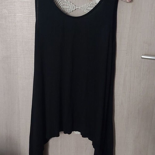 Italian boho blouse asymmetrical with lace back like new, black beige