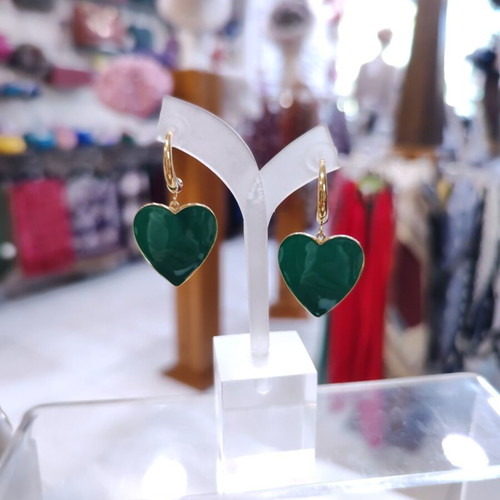 Steel earrings with green heart and luxury half hoop new