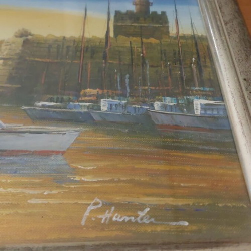Oil painting on canvas like new, Rhodes harbor, signed by P. Hunter