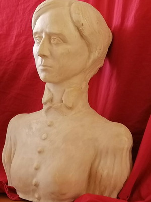 Handmade female bust from plaster with patina, about 50 cm