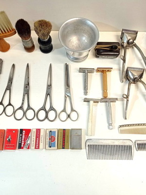 Set of used vintage barber and shaving tools