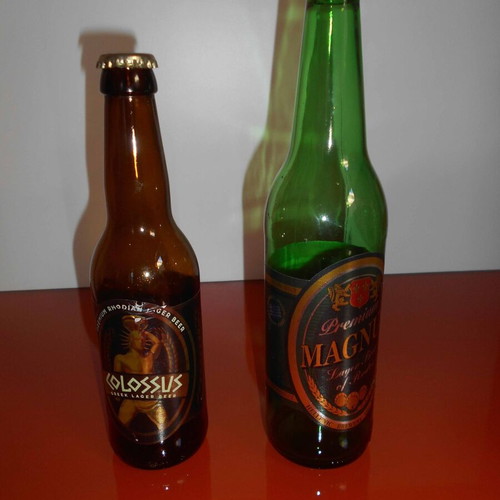 Colossus and Magnus beer bottles and caps used, set of 2 from Rhodian Brewery