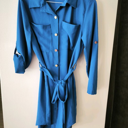 Blue shirt dress new with gold buttons and belt one size