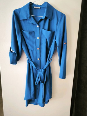 Blue shirt dress new with gold buttons and belt one size