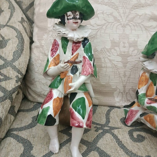 Vintage Italian Harlequin Figures set of 3, handmade porcelain