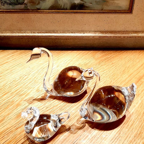 Set of 3 Crystal Swan Figures Kosta Boda & Hering Crystal new