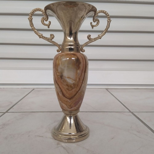 Decorative vintage amphora from onyx and brass like new, 23cm