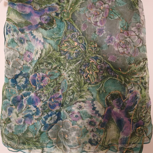 Women's square scarf like new, green chiffon with metallic foil printing
