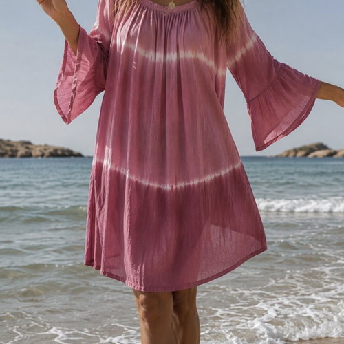 Tie Dye Pink Boho Mini Dress with Bell Sleeves, Like New