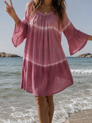Tie Dye Pink Boho Mini Dress with Bell Sleeves, Like New