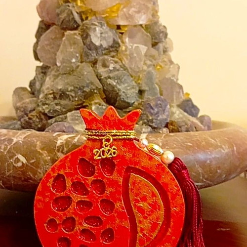 Handmade ceramic pomegranate charm 2026 tabletop red with gold details