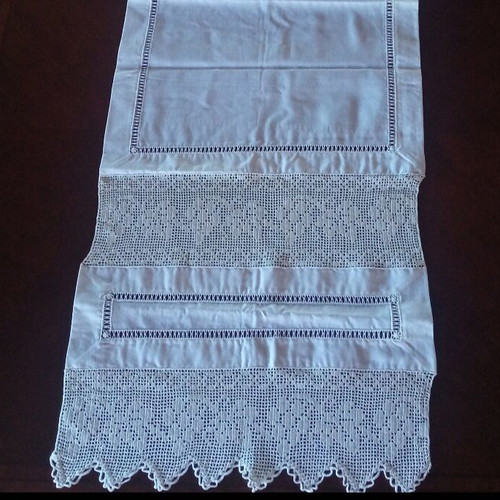 Set of 3 handmade white linen table runners with crocheted cotton lace