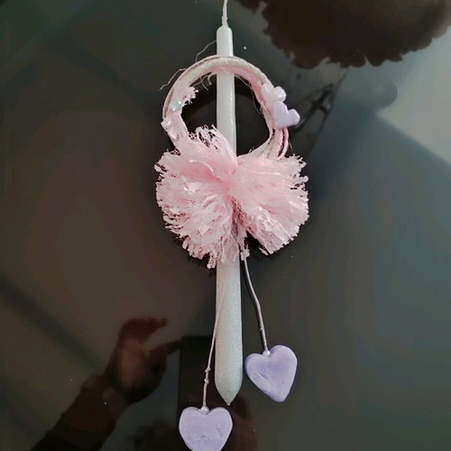 Easter candle handmade with wreath and pom poms, new