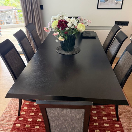 Wenge extendable dining set Casa di Patsi, 8 chairs with fabric seats