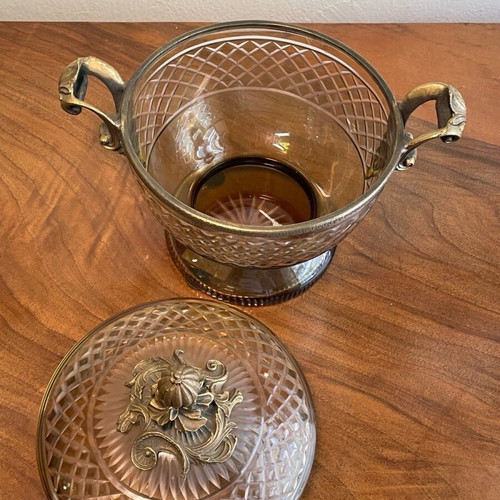 Vintage bronze fondue pot like new with engraved glass