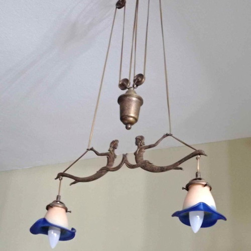 Solid brass two-light ceiling lamp with counterweight and handmade glass
