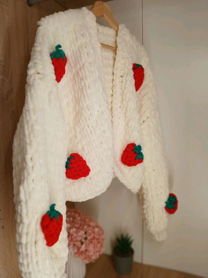 Handmade knitted cardigan with 3D strawberries new, white and red