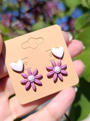 Handmade earrings new, purple, set of 2 pairs polymer clay