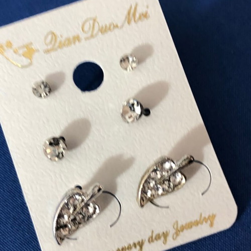 Silver Tone Rhinestone Stud and Leaf Earring Set new fashion jewelry