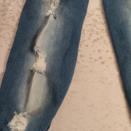 Over-the-knee boots used, blue with 9cm high heel and distressed design