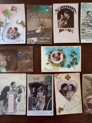 Vintage romantic French postcards used, set of 12