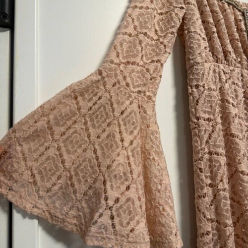 Pink lace dress with bell sleeves, lined