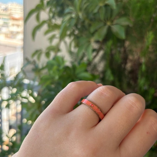 Loisir stainless steel ring with coral enamel and zircon like new