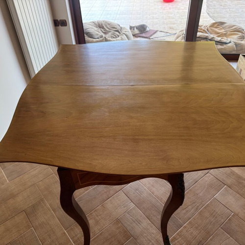 Antique walnut console table with brass and marquetry