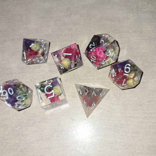 Summer meadow D&D dice set with colorful flowers inside