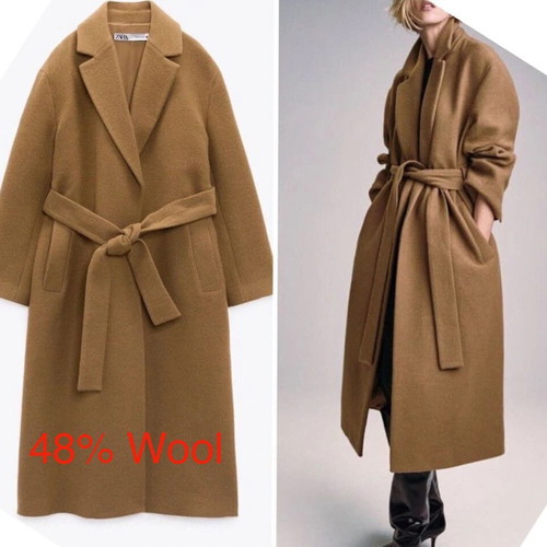 Zara camel long coat 48% wool new, size XS