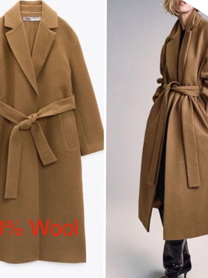 Zara camel long coat 48% wool new, size XS