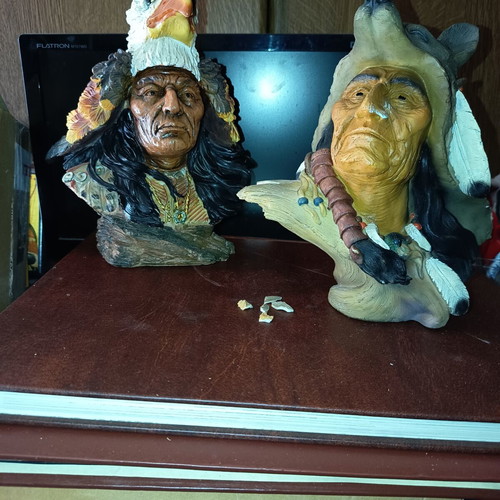 Indian Chief Busts set of 2 like new with detailed carvings