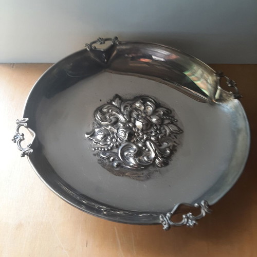 Large Silver Plated Fondue Trays carved, used, 1960s set of 2