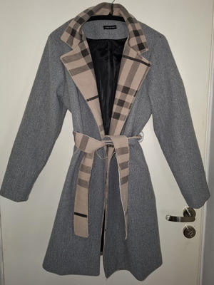 Short gray coat with belt size Medium like new