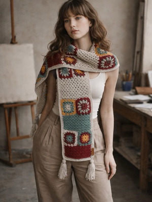 Scarf new, handmade with granny square technique multicolor