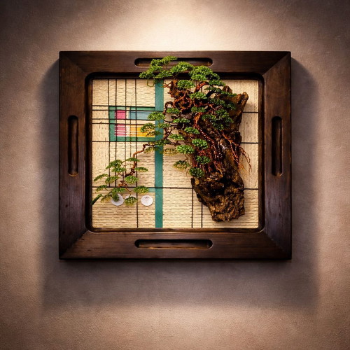 Handmade picture with bonsai tree of copper wire and wood new