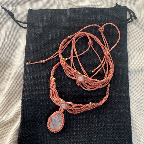 Macrame jewelry set with white opalite and quartz, new