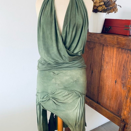 Dyens + Fotinaki handmade green set with asymmetrical skirt