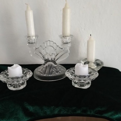 Glass candlestick set like new with candles