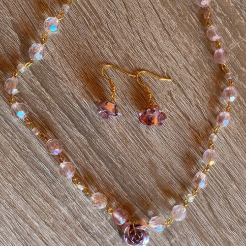Choker necklace and earrings set handmade, pink and gold