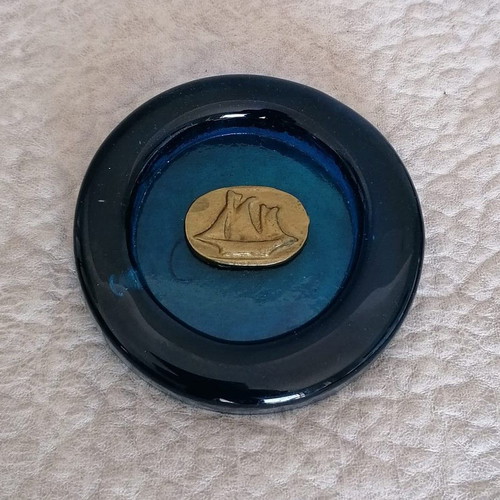 Vintage Paperweight made of Blue Glass with a Bronze Ship Stamp