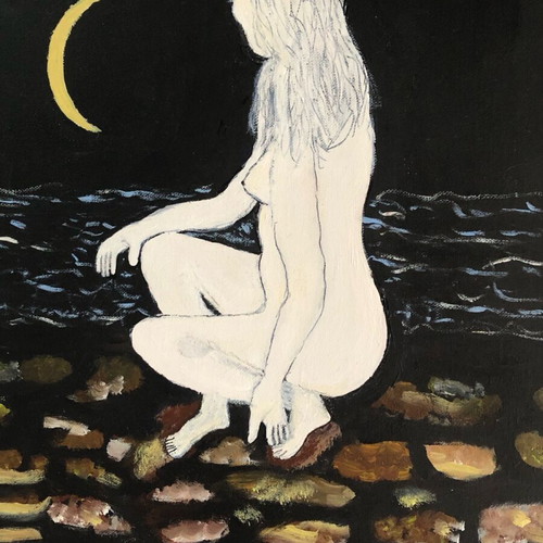 Acrylic painting 'Mia Nyhta me Feggari' new, romantic female portrait
