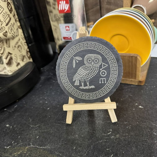 Set of 4 Engraved Greek Slate Coasters with Athenian Owl