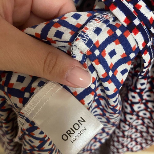 Orion London wrap dress new, size large, blue and red pattern