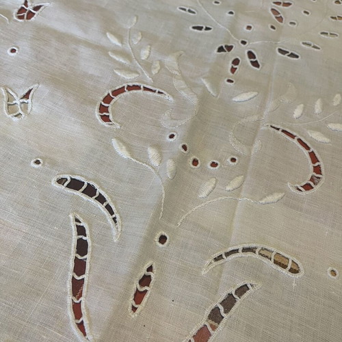 Two handmade linen window curtains with cutwork embroidery and openwork