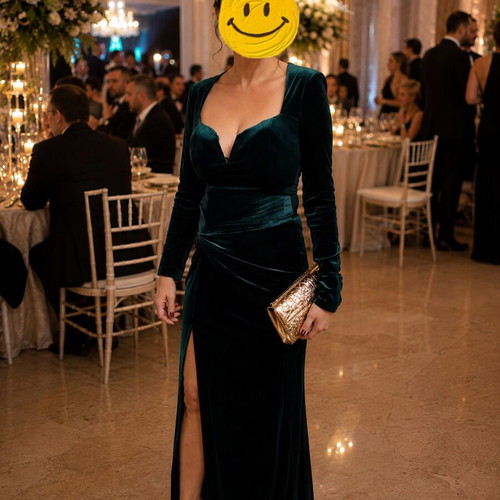 Dark green velvet dress with slit and gloves, one size